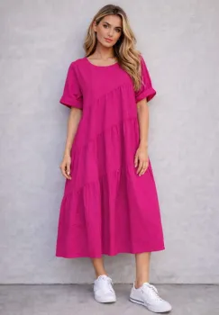Rochie midi oversized din poplin de bumbac ,   stil lejer natural, fucsia imagine