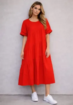 Rochie midi oversized din poplin de bumbac ,   stil lejer natural, rosie imagine