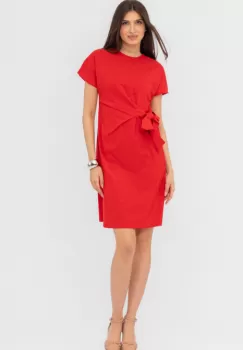 Rochie midi, rosie, din vascoza, petrecuta pe talie imagine