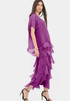 Rochie mov din matase naturala cu  volane franjurate suprapuse imagine