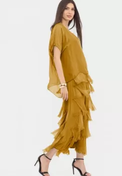 Rochie mustar din matase naturala cu volane franjurate suprapuse imagine