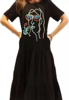 Rochie neagra din jerseu cu aplicatie grafica chip color si volan de poplin de bumbac, cu maneca scurta imagine