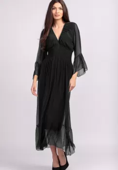 Rochie neagra din matase naturala cu banda elastica in talie si volane imagine