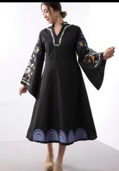 Rochie neagra din poplin de bumbac, cu maneci ample si broderie imagine