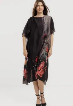 Rochie neagra eleganta satinata A-line cu croiala lejera si imprimeu trandafiri stilizati imagine