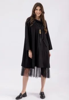 Rochie neagra oversize din stofa subtire suprapusa, cu buzunar si guler rasucit imagine