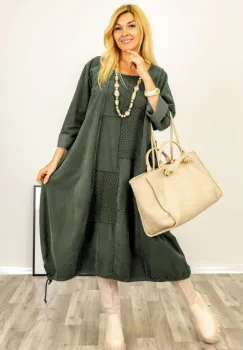 Rochie oversize A-line, din catifea reiata cu snur in partea de jos, kaki imagine