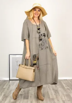 Rochie oversize A-line, din in cu snur in partea de jos, bej inchis imagine