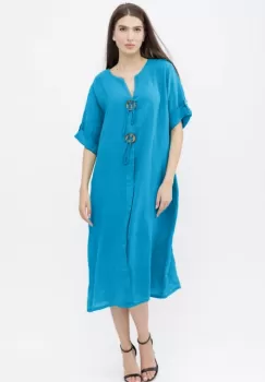 Rochie oversize din in, cu nasturi pe piept, albastru azur imagine