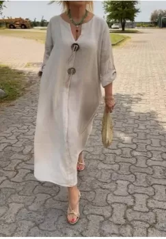 Rochie oversize din in, cu nasturi pe piept, bej imagine