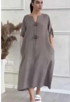 Rochie oversize din in, cu nasturi pe piept, bej inchis imagine