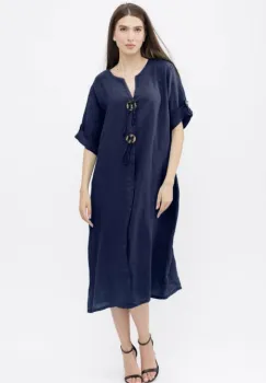 Rochie oversize din in, cu nasturi pe piept, bleumarin imagine