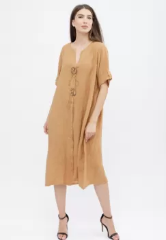 Rochie oversize din in, cu nasturi pe piept, camel imagine