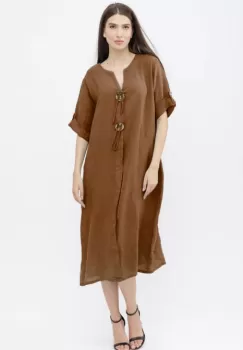 Rochie oversize din in, cu nasturi pe piept, maro imagine