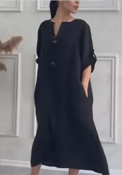 Rochie oversize din in, cu nasturi pe piept, neagra imagine