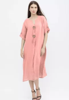 Rochie oversize din in, cu nasturi pe piept, roz imagine