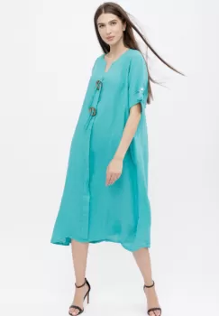 Rochie oversize din in, cu nasturi pe piept, turcoaz imagine