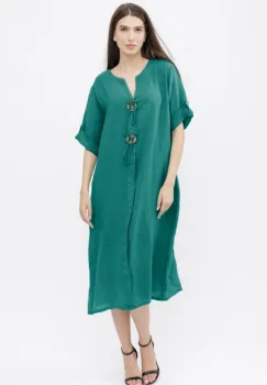 Rochie oversize din in, cu nasturi pe piept, turcoaz inchis imagine