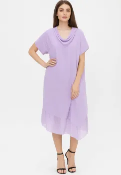 Rochie oversize usor asimetrica A-line, din in cu guler si volan din matase, lila imagine