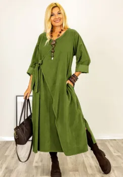 Rochie petrecuta oversize A-line, din catifea reiata, verde oliv imagine