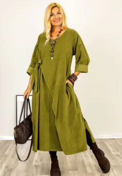 Rochie petrecuta oversize A-line, din catifea reiata, verde oliv imagine