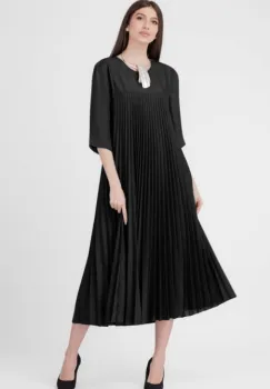 Rochie plisata A-line cu maneci trei sferturi, material fin si usor creponat, neagra imagine