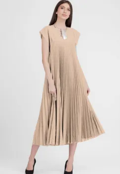 Rochie plisata A-line lunga, material fin si usor creponat, bej imagine