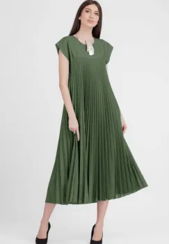 Rochie plisata A-line lunga, material fin si usor creponat, kaki imagine