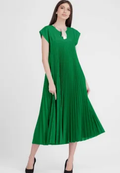 Rochie plisata A-line lunga, material fin si usor creponat, verde imagine
