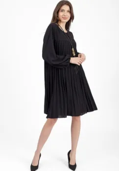 Rochie plisata midi, A-line cu maneca lunga cu elastic, neagra imagine