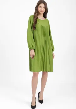 Rochie plisata midi, A-line cu maneca lunga cu elastic, verde deschis imagine