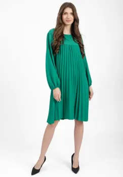 Rochie plisata midi, A-line cu maneca lunga cu elastic, verde imagine