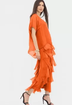 Rochie portocalie din matase naturala cu volane franjurate suprapuse imagine