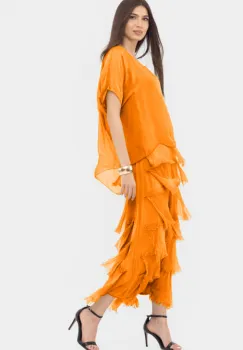 Rochie portocaliu deschis din matase naturala cu volane franjurate suprapuse imagine