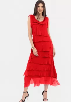 Rochie rosie din matase naturala cu volane franjurate suprapuse, fara maneci imagine