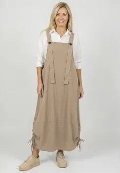 Rochie sarafan lunga cu bretele si snur reglabil, din jerseu de bumbac, bej imagine