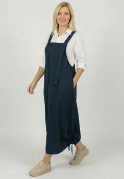 Rochie sarafan lunga cu bretele si snur reglabil, din jerseu de bumbac bleumarin imagine