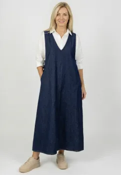 Rochie sarafan lunga, masura mare, cu decolteu in V din denim imagine