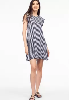 Rochie scurta A-line, din tricot de vascoza, imprimeu dungi alb-bleumarin imagine