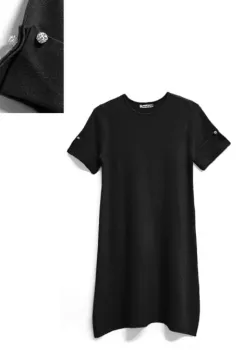 Rochie scurta A-line tricotata, cu maneca scurta si nasture decorativ, neagra imagine