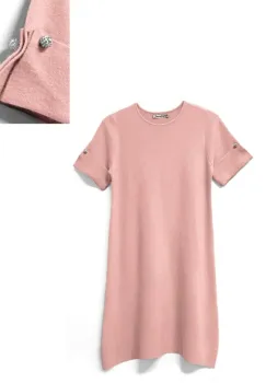 Rochie scurta A-line tricotata, cu maneca scurta si nasture decorativ, roz imagine