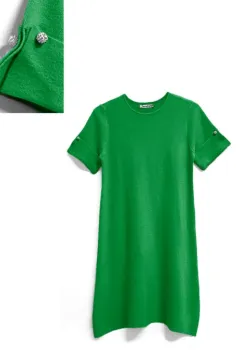 Rochie scurta A-line tricotata, cu maneca scurta si nasture decorativ, verde imagine