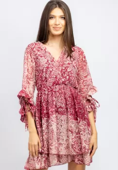 Rochie scurta din voal cu imprimeu floral pe fond bordo imagine