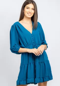 Rochie scurta din voal cu maneci 3 4 si volanase, albastra imagine