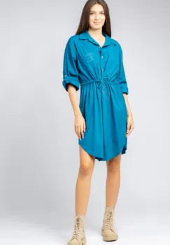 Rochie scurta tip camasa, din bumbac, cu siret in talie, turcoaz imagine