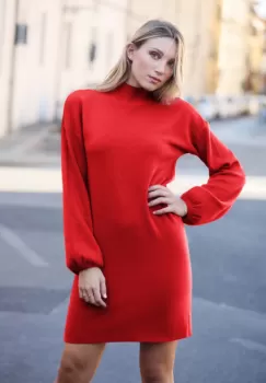 Rochie scurta tricotata cu maneca bufanta, rosie imagine