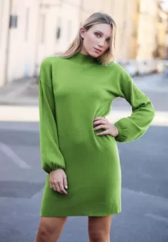 Rochie scurta tricotata cu maneca bufanta, verde olive imagine