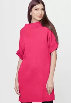 Rochie scurta tricotata, cu maneca scurta si nasture, din vascoza, fucsia imagine