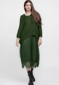 Rochie suprapusa cu puloveras cu maneca lunga si tulle plisat, kaki imagine