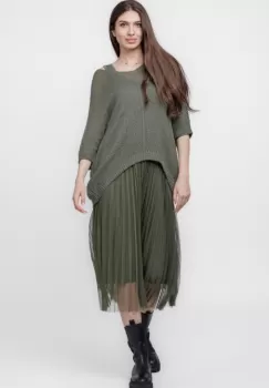 Rochie suprapusa cu puloveras si tulle plisat, kaki imagine